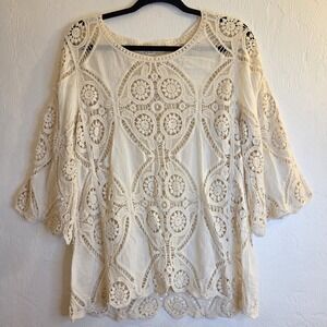 Ultra Pink Womens Medium Cream Knit Lace Crochet Top Boho Cottagecore Coquette